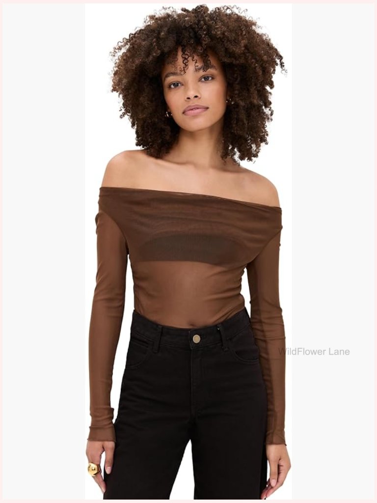 Off Shoulder Long Sleeve Mesh Fitted Ruched Top